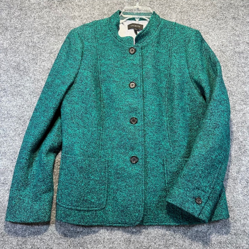 Talbots Wool Blend Blazer Women 16 Teal Green Marled Stand Collar Classic Career